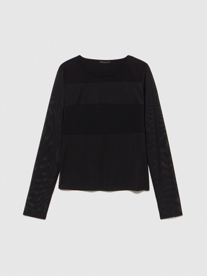 T-shirt with tulle sleeves - women's long sleeve t-shirts - Black | Sisley image number 6